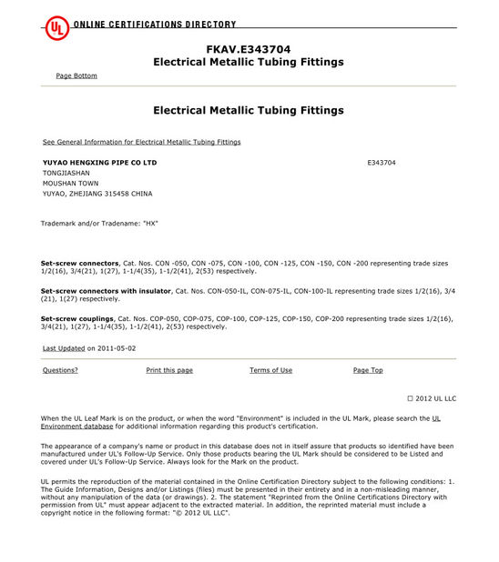 Porcellana Yuyao Hengxing Pipe Industry Co., Ltd Certificazioni